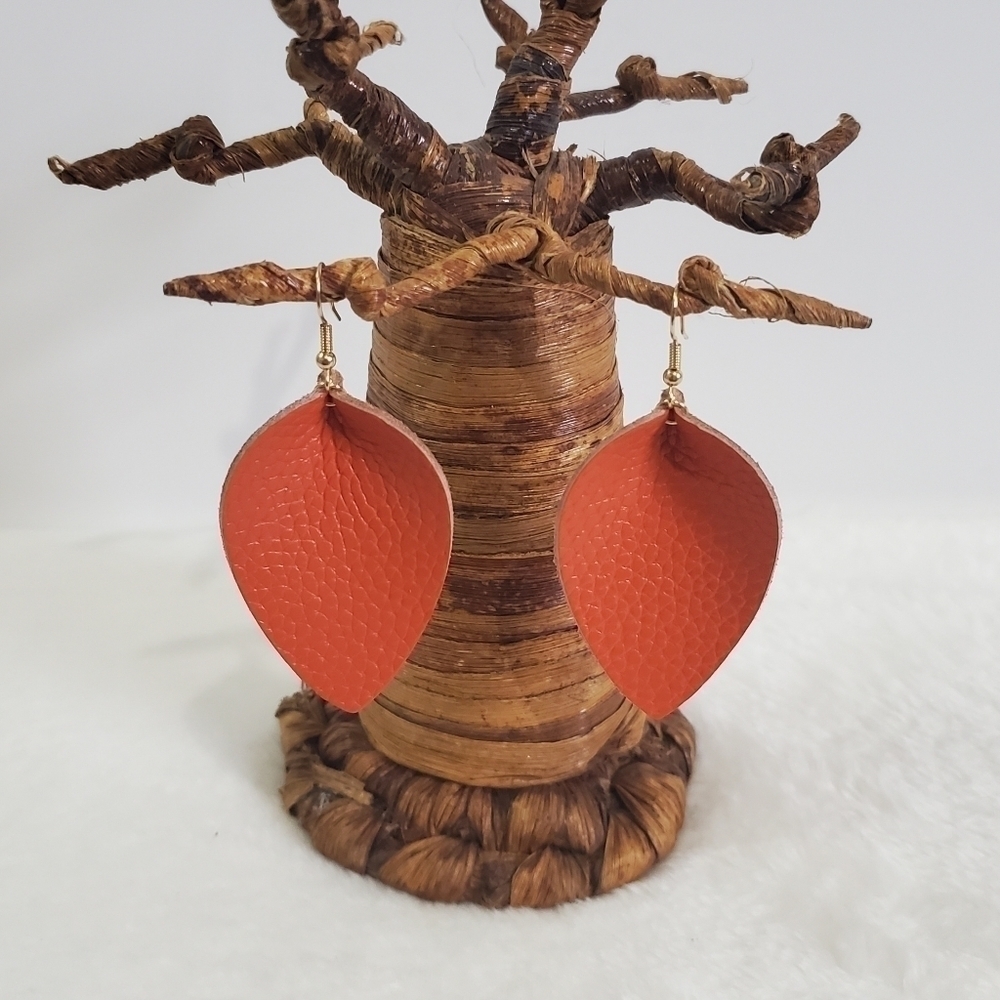 GENUINE Leather Pebbled Orange Leaf Tear Drop Dangle Petal Fish Hook Earrings